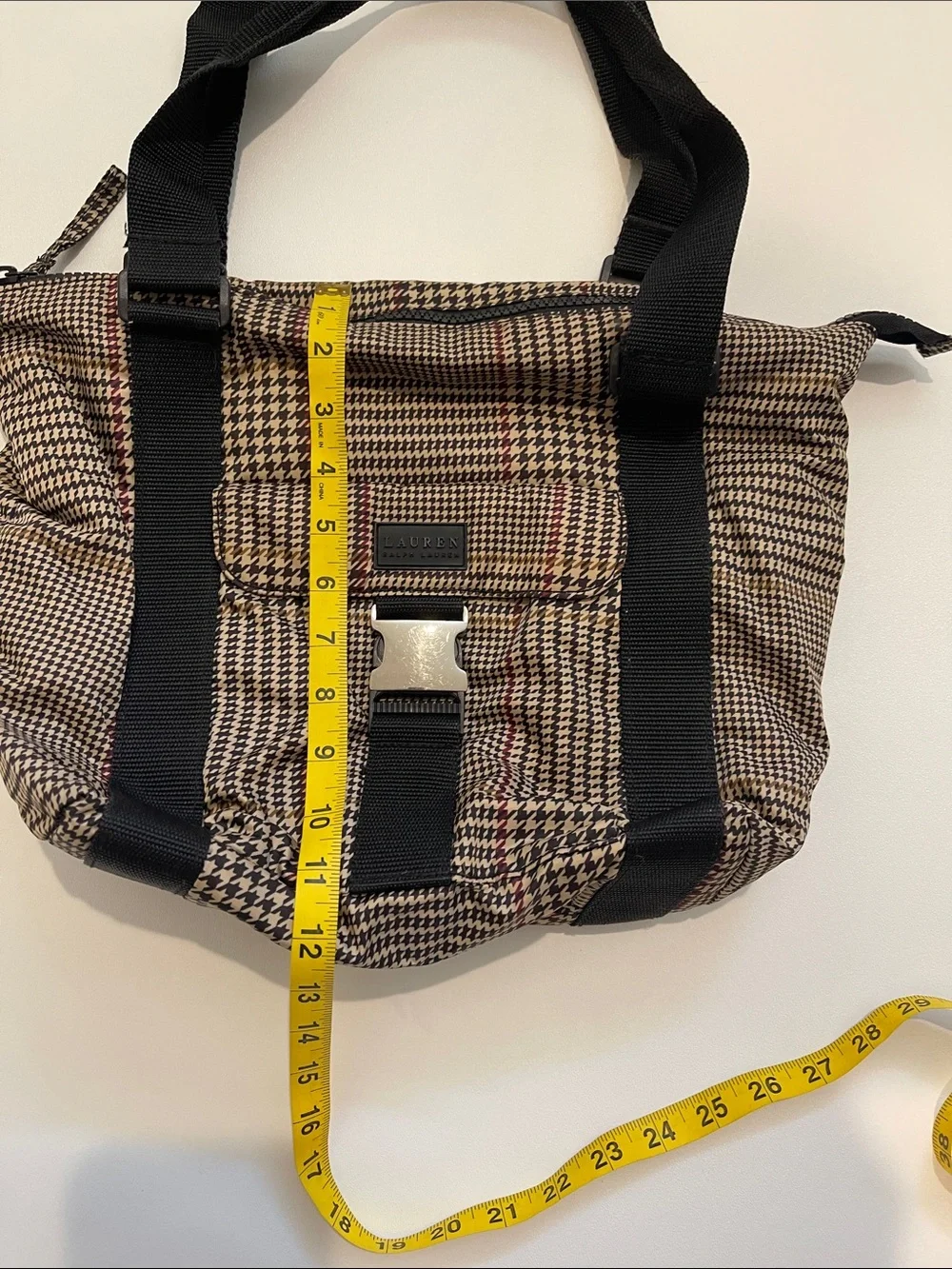 Lauren Ralph Lauren Black and Tan Plaid Houndstooth Print Tote